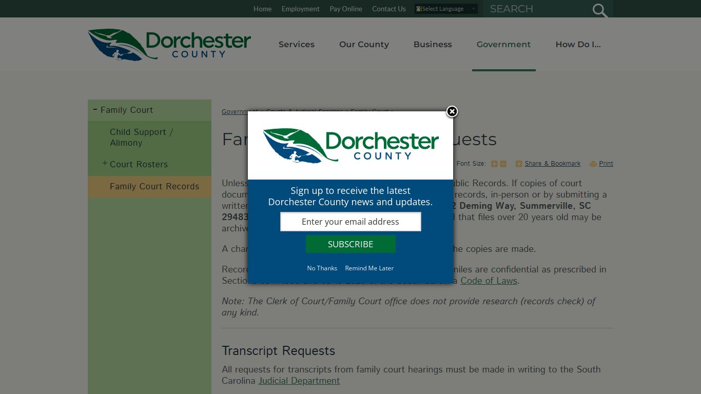 Family Court Records Requests - Dorchester County, SC